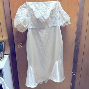 Gal meets glam size 12 beige satin off shoulder dress